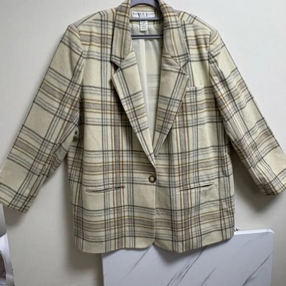 Vintage Kathryn Deene women’s plaid Blazer size 22/24 Beige Tan Checkered wool - Picture 1 of 3